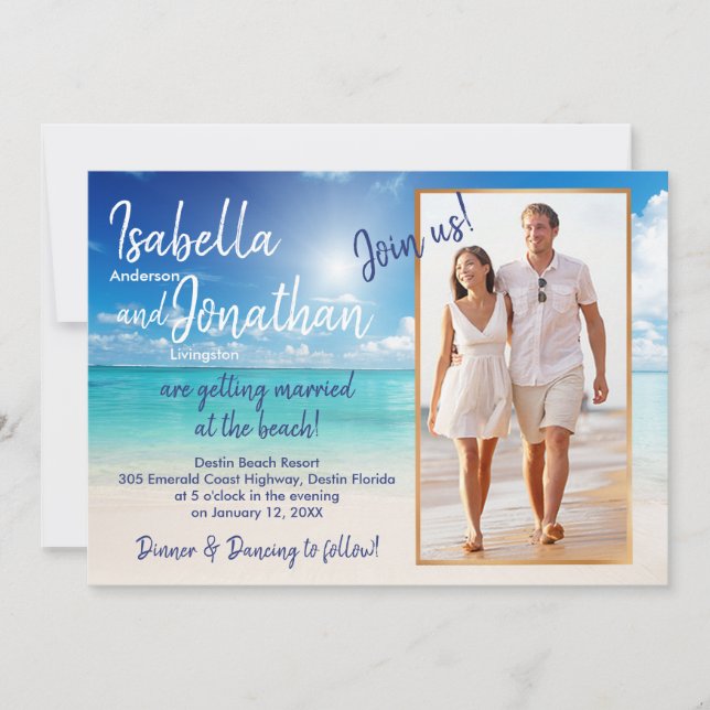 Invitación Bonita boda en la playa | cargar tu foto (Anverso)