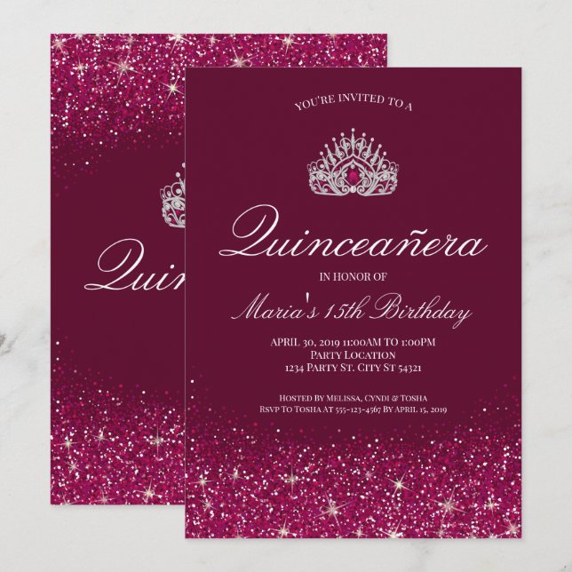 Invitación Bonita Borgoña| Quinceañera (Anverso / Reverso)
