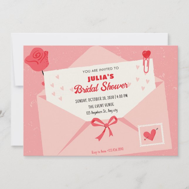 Invitación Bonita carta rosa linda ducha de novia (Anverso)