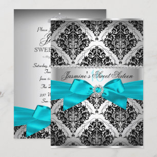 Invitación bonita de damasco azul turquesa y negro