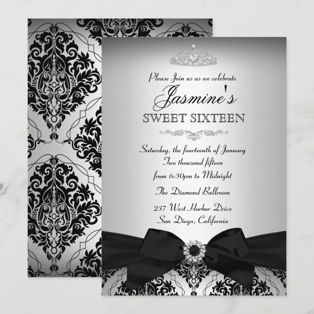 Invitación Bonita de Damasco Negra Plateada para S (Anverso / Reverso)