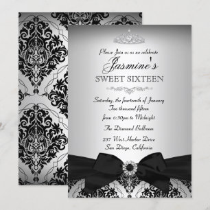 Invitación Bonita de Damasco Negra Plateada para S