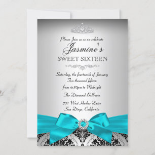 Invitación bonita de damasco plateado y azul turqu