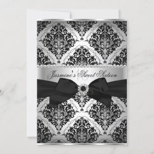 Invitación bonita de damasco plateado y negro para