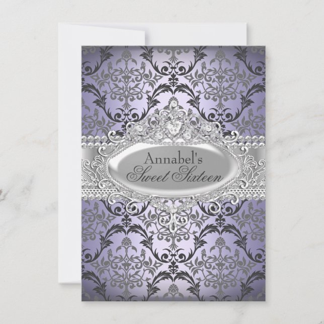 Invitación bonita de damasco púrpura y plata para  (Anverso)