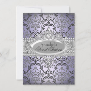 Invitación bonita de damasco púrpura y plata para 