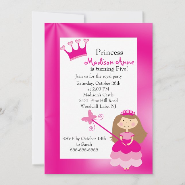 Invitación bonita de la fiesta de la princesa (Anverso)