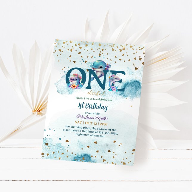 Invitación Bonita delfín linda niña bebé Invitat de primer cu (Subido por el creador)