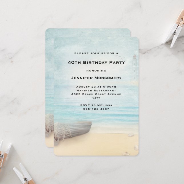 Invitación Bonita escena de playa con cumpleaños en barco y f (Anverso/Reverso In Situ)