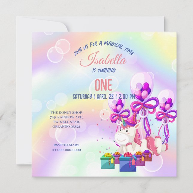 Invitación Bonita fiesta de cumpleaños de Unicornios con arco (Anverso)