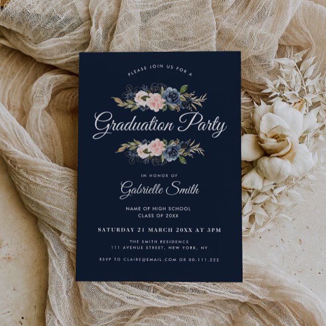Invitación Bonita fiesta de graduación floral azul de la Mari (Subido por el creador)