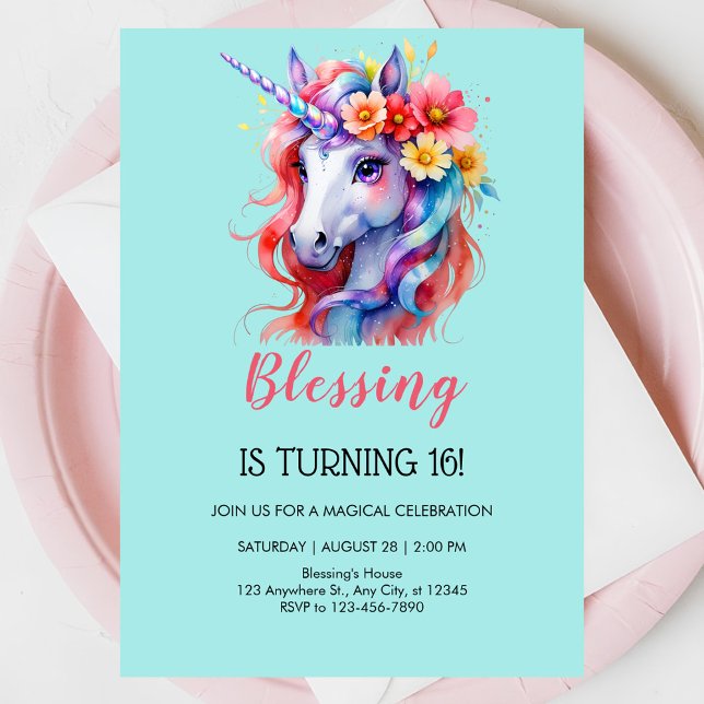 Invitación Bonita flor rosa de cumpleaños de unicornio (Subido por el creador)