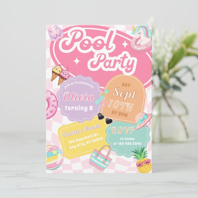 Invitación Bonita piscina de verano colorida Fiesta cumpleaño (Anverso de pie)
