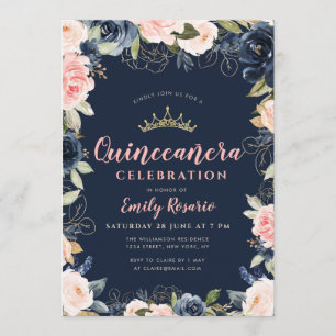 Invitación Bonita quinceañera azul marino y floral