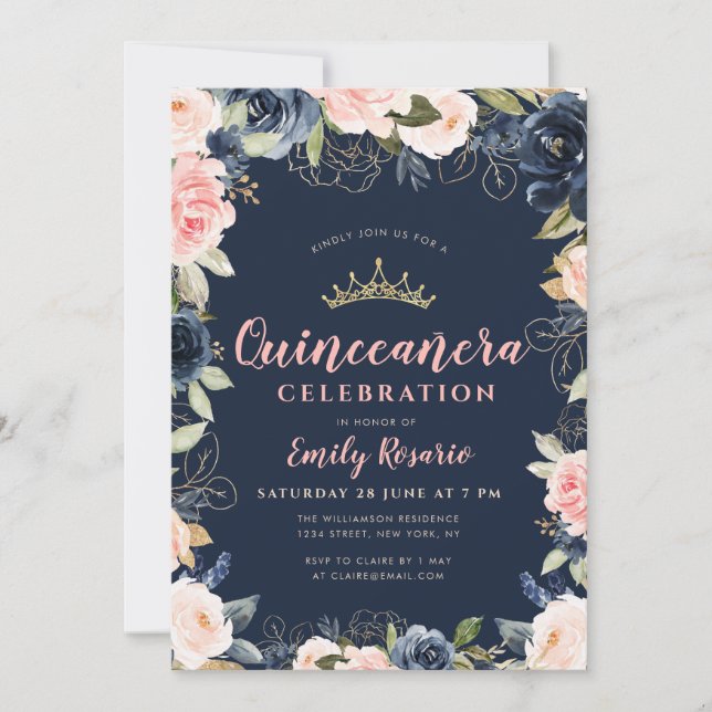 Invitación Bonita quinceañera azul marino y floral rubia (Anverso)