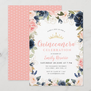 Invitación Bonita quinceañera azul marino y rosa