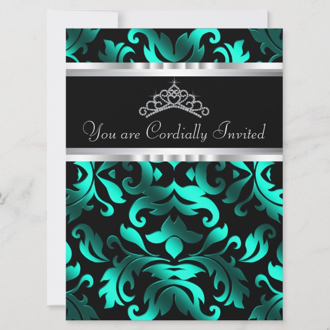Invitación Bonita quinceañera azul negro y Verde azulado (Anverso)
