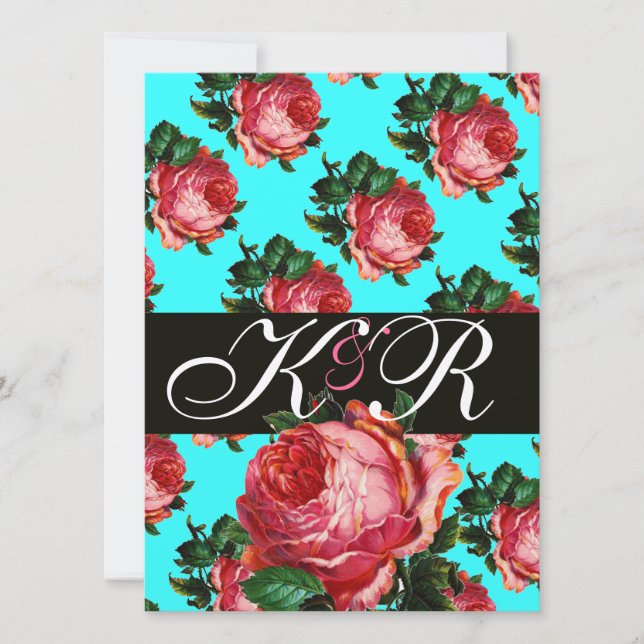 INVITACIÓN BONITA ROSA ROSA ROSA ROSA AQUA AZUL FLORAL VERDE  (Anverso)