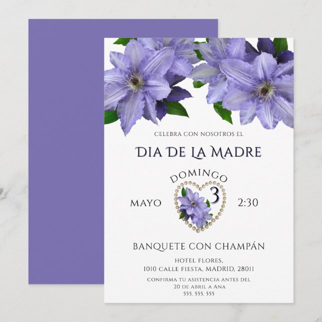Invitación Bonitas Flores Malva Para el Día De La Madre (Anverso / Reverso)