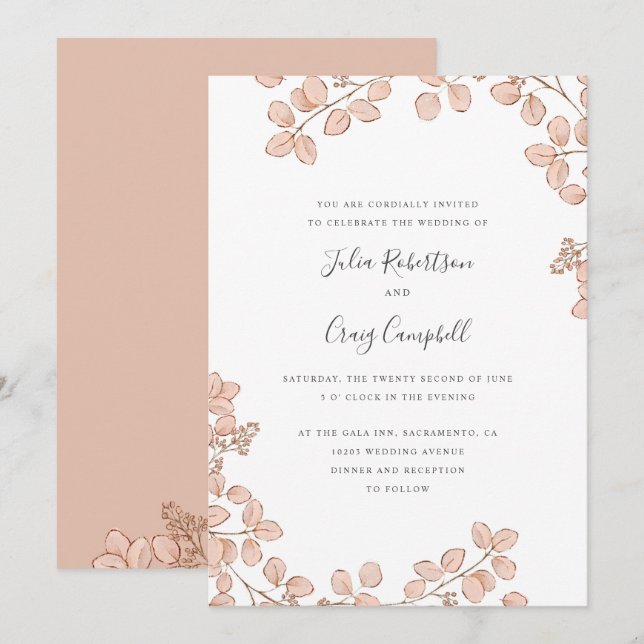 Invitación Bonitas hojas rosadas muy brillantes boda (Anverso / Reverso)