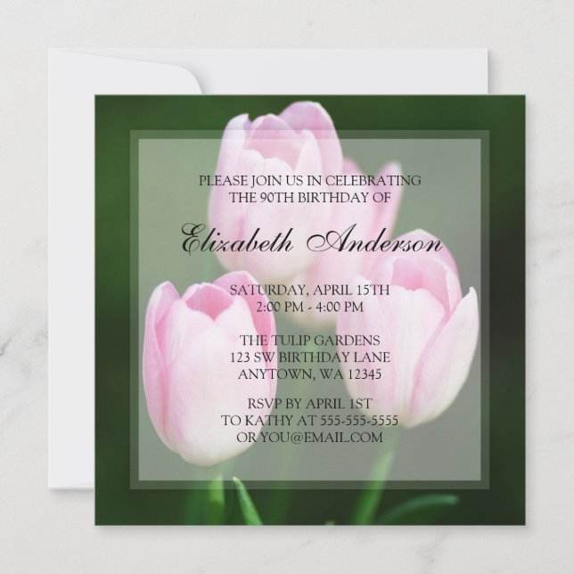 Invitación Bonito 90 cumpleaños Fiesta de tulipanes rosados (Anverso)