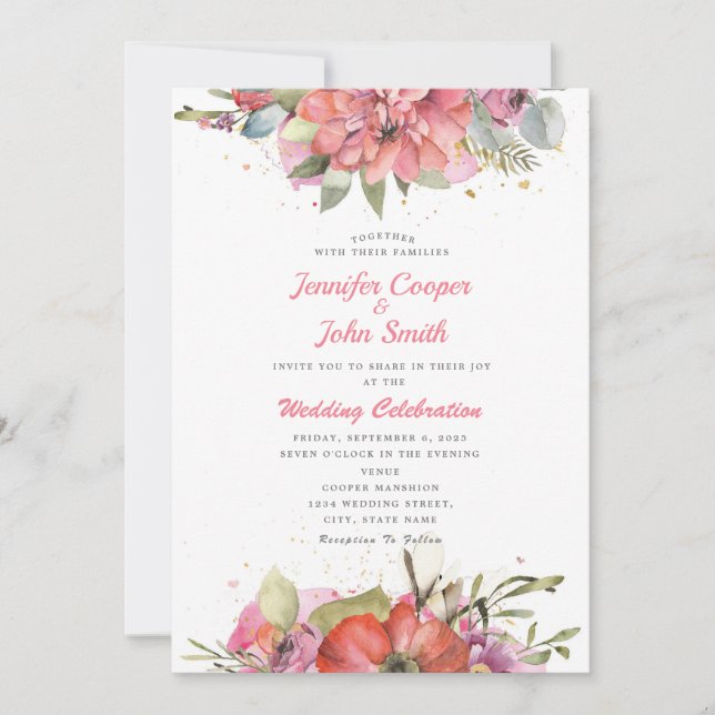 Invitación Bonito acuarela Boda de floral roja rosa (Anverso)