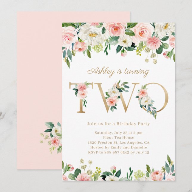 Invitación Bonito acuarela Chica de oro floral segundo cumple (Anverso / Reverso)