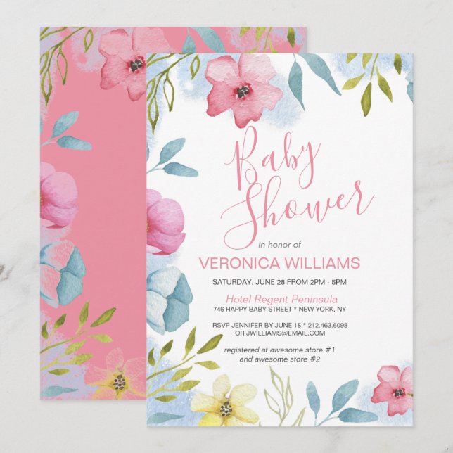 Invitación Bonito acuarela Chica floral rosa Baby Shower (Anverso / Reverso)