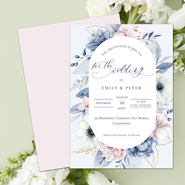 Invitación Bonito acuarela Dusty Boda floral azul (Pretty Watercolor Dusty Blue Floral Wedding Invitation)