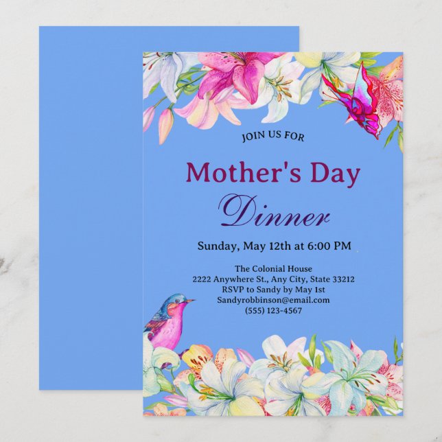Invitación Bonito acuarela Floral White Mother's Day Dinner (Anverso / Reverso)