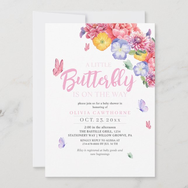 Invitación Bonito acuarela Flores de mariposa Baby Shower (Anverso)