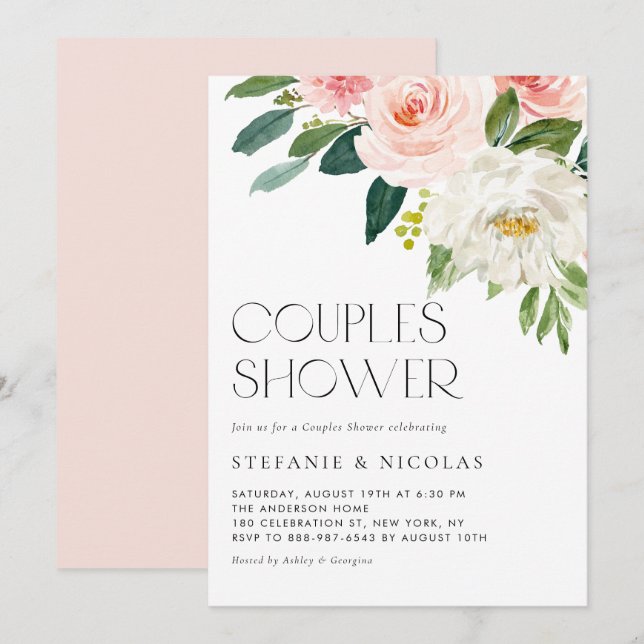 Invitación Bonito Acuarela Flores Jardín Ducha Parejas (Anverso / Reverso)