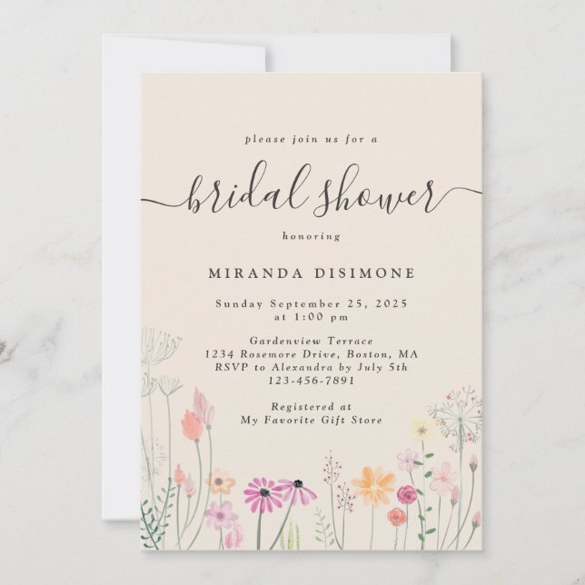 Invitación Bonito acuarela Flores salvajes ducha de novia (Anverso)