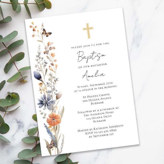 Invitación Bonito acuarela Flores silvestres cruza el bautism (Subido por el creador)