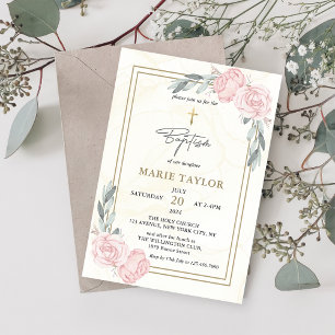 Invitación Bonito Acuarela Neutra Bautismo Floral