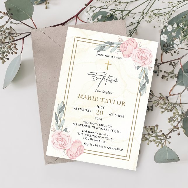 Invitación Bonito Acuarela Neutra Bautismo Floral (Subido por el creador)