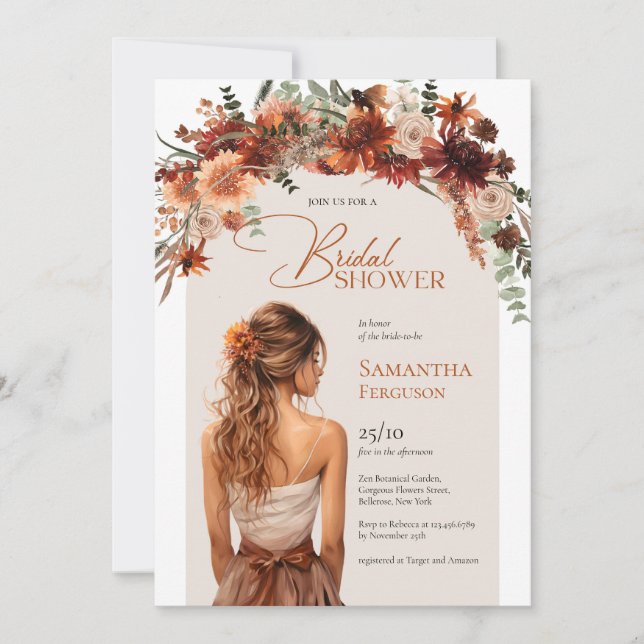 Invitación Bonito acuarela novia terracota otoño ramo (Anverso)
