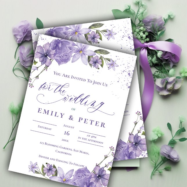 Invitación Bonito acuarela Purple Elegent Boda Floral (Pretty Watercolor Purple Elegant Floral Wedding Invitation)