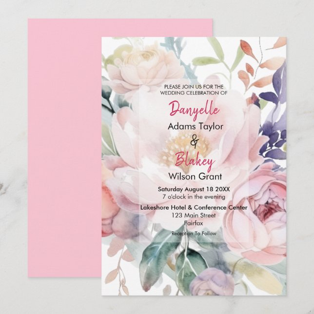 Invitación Bonito acuarela Púrpura Boda floral (Anverso / Reverso)
