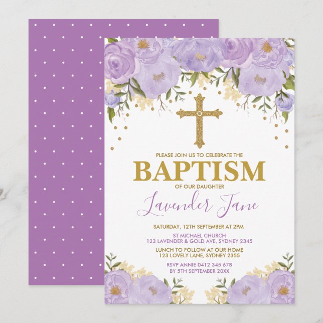 Invitación Bonito Acuarela Púrpura Chica Floral Bautismo (Anverso / Reverso)