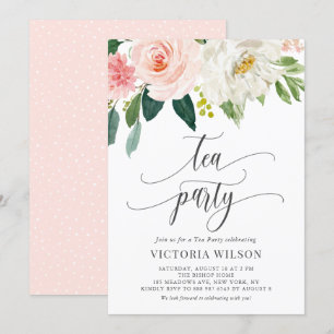 Invitación Bonito acuarela Rubor Flores Fiesta de té gris