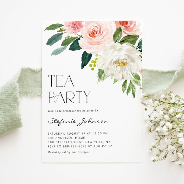 Invitación Bonito acuarela Rubor Flores rosas Fiesta de té (Subido por el creador)