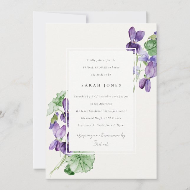 Invitación Bonito acuarela Violeta Floral Ducha de novia (Anverso)