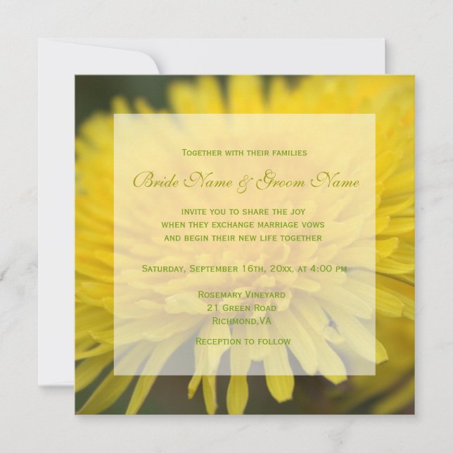 Invitación Bonito amarillo flor silvestre dandelion boda (Anverso)