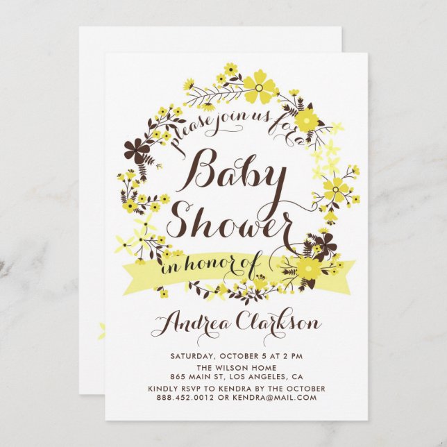 Invitación Bonito Amarillo Floral Wreath Baby Shower (Anverso / Reverso)