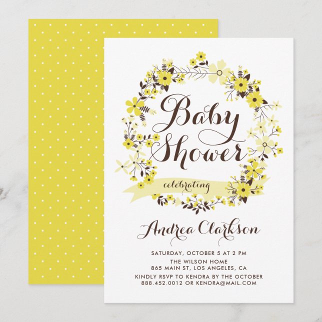 Invitación Bonito Amarillo Floral Wreath Summer Baby Shower (Anverso / Reverso)