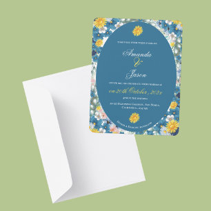 Invitación Bonito Amarillo giratorio Boda Floral Azul Blanco