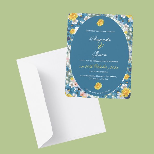 Invitación Bonito Amarillo giratorio Boda Floral Azul Blanco (Pretty Yellow Sunflower White Blue Floral Wedding Invitation)