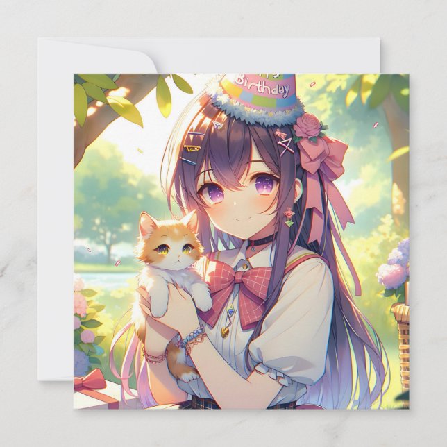 Invitación Bonito Anime Holding Cumpleaños del Chica Gatito (Anverso)