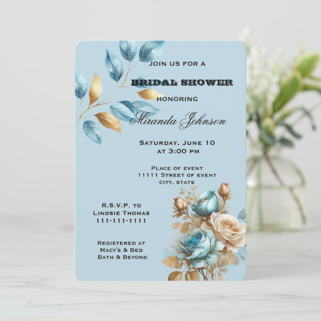 Invitación Bonito Aqua Blue Gold Marfil Floral Bridal Shower (Anverso de pie)